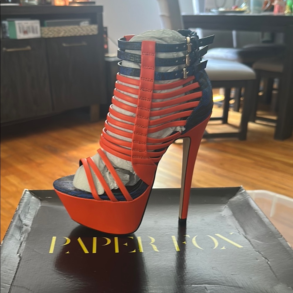 Paper Fox Orange and Blue Strappy Heels